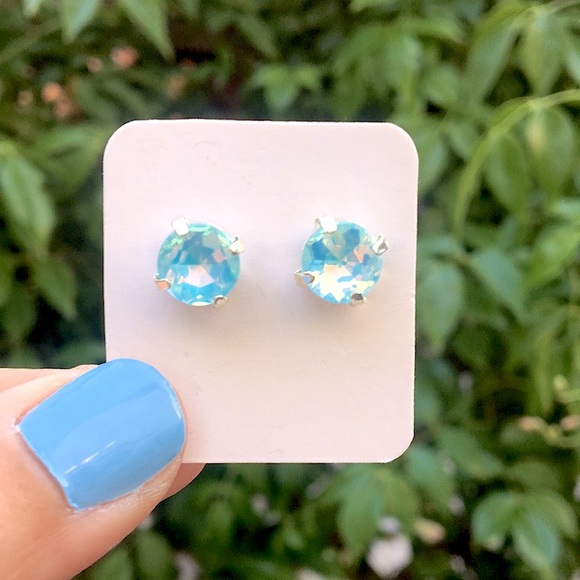 Aquamarine Blue Opal Aurora Borealis + Silver Crystal Earrings